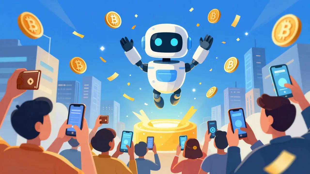 A robot floating in the sky raining BOT tokens down on users holding digital wallets.