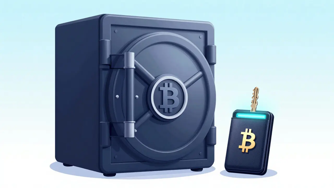 A secure digital vault next to a hardware wallet illustrating Bitcoin custody options.