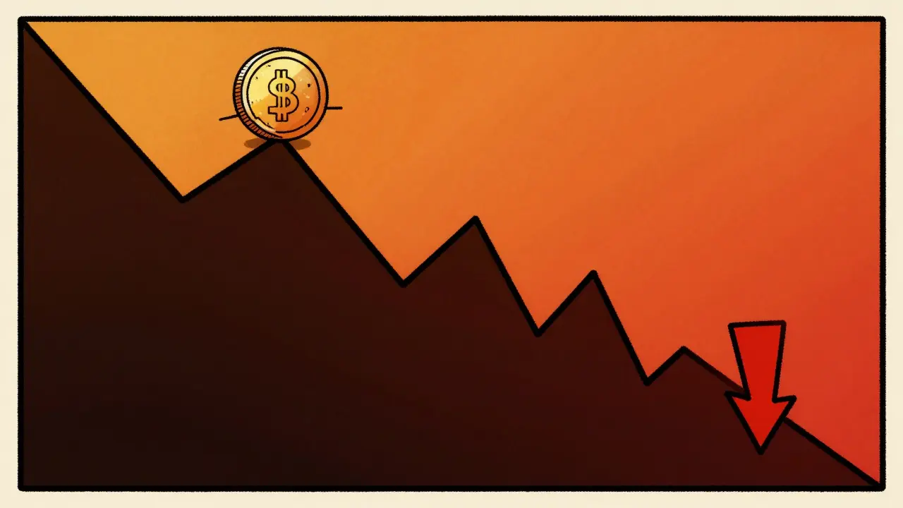 A small digital coin balancing on a jagged, volatile financial chart line over a dark void.