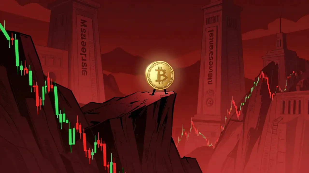 A small glowing token on a jagged financial chart with giant monuments in the background.