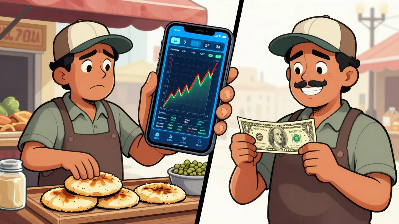 A street vendor comparing a volatile Bitcoin price graph on a phone with a US dollar bill.