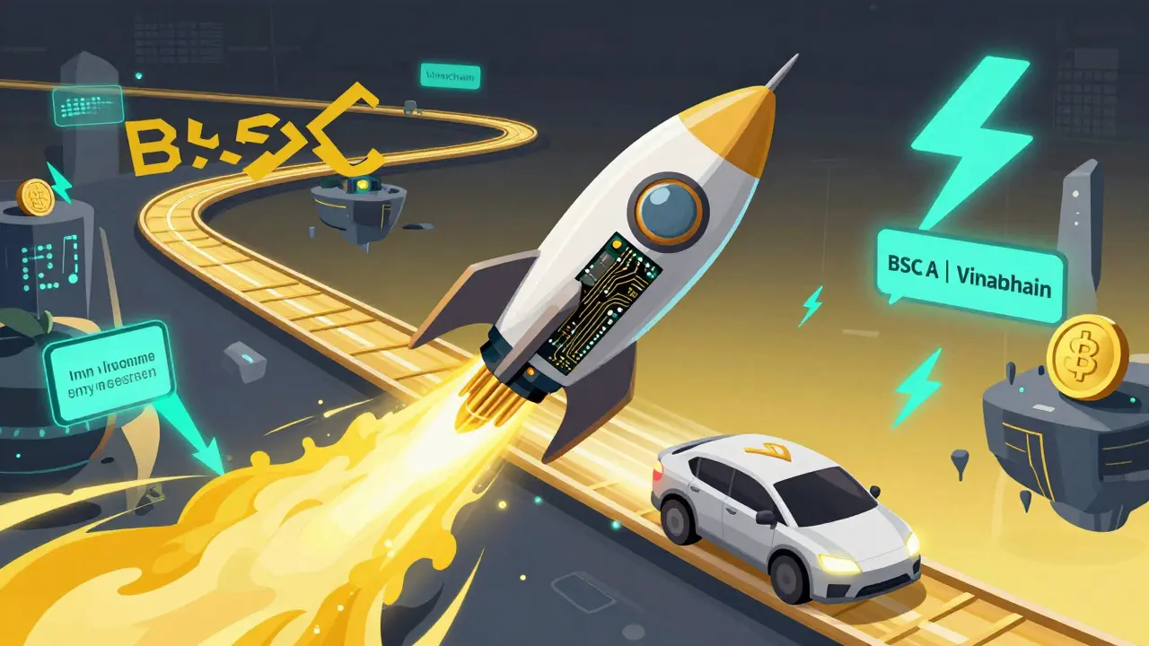 A stylized circuit-board engine speeding along a golden digital track symbolizing the BSC network.