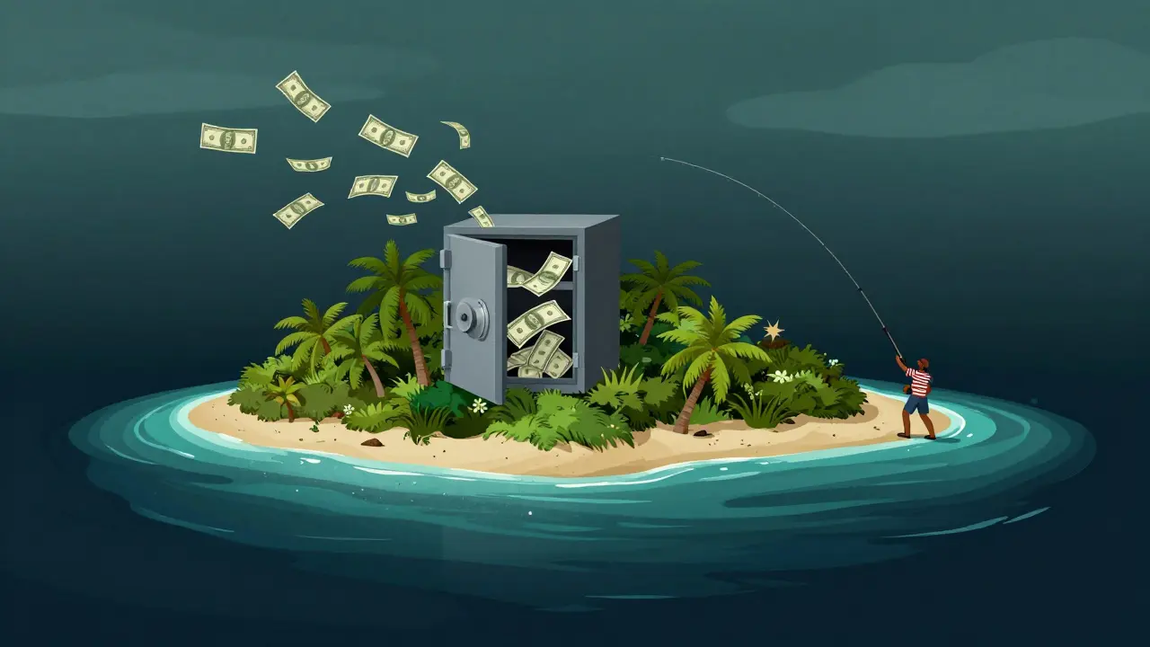 Cartoon depicting a remote tropical island with an open safe, symbolizing regulatory risks.