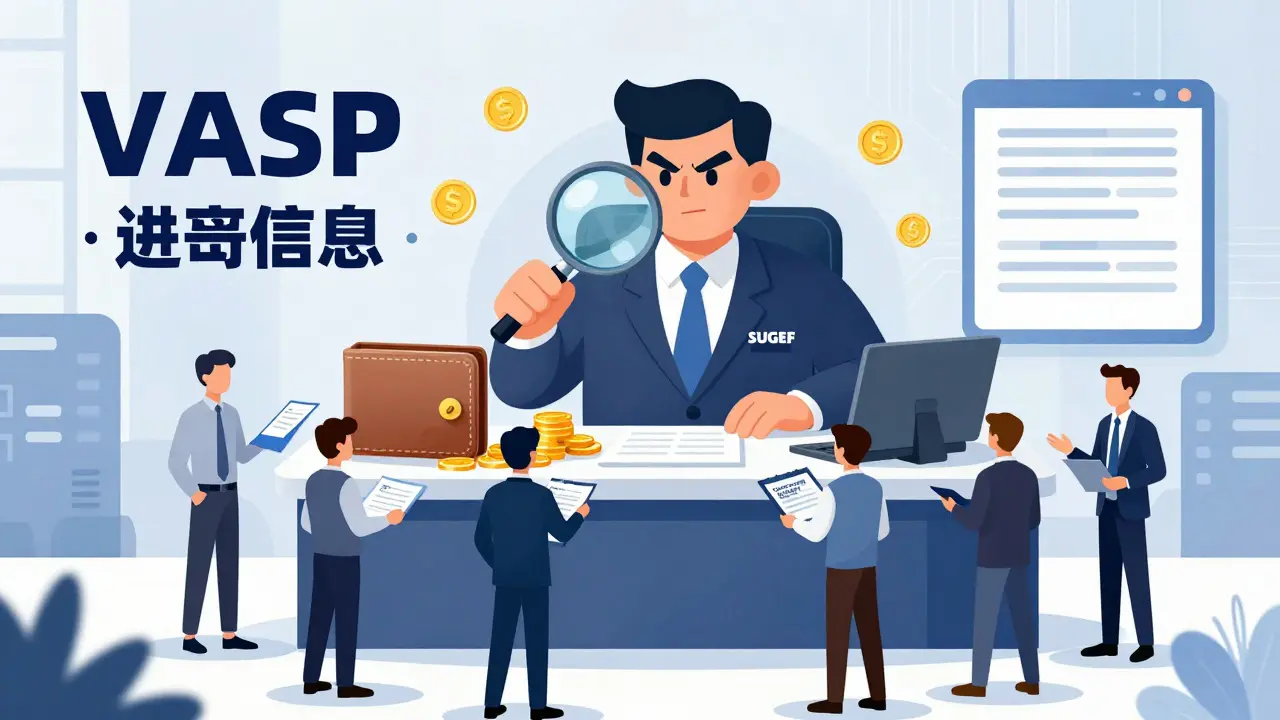 Cartoon of a financial regulator examining a crypto wallet with a magnifying glass.