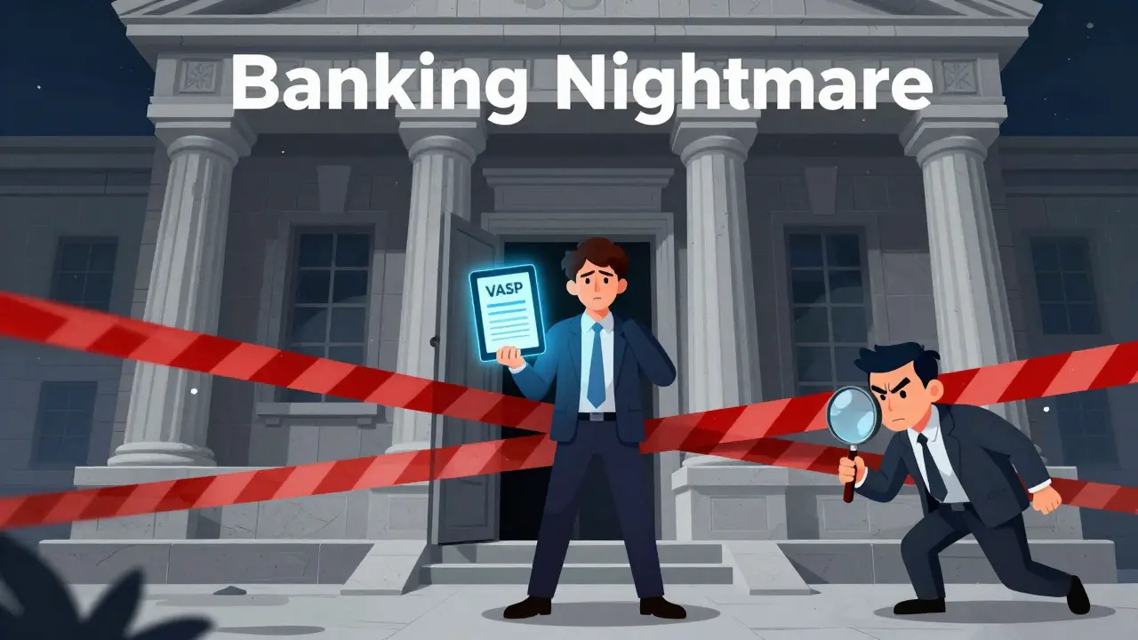 Cartoon of an entrepreneur facing a large, restrictive bank building while holding a digital tablet