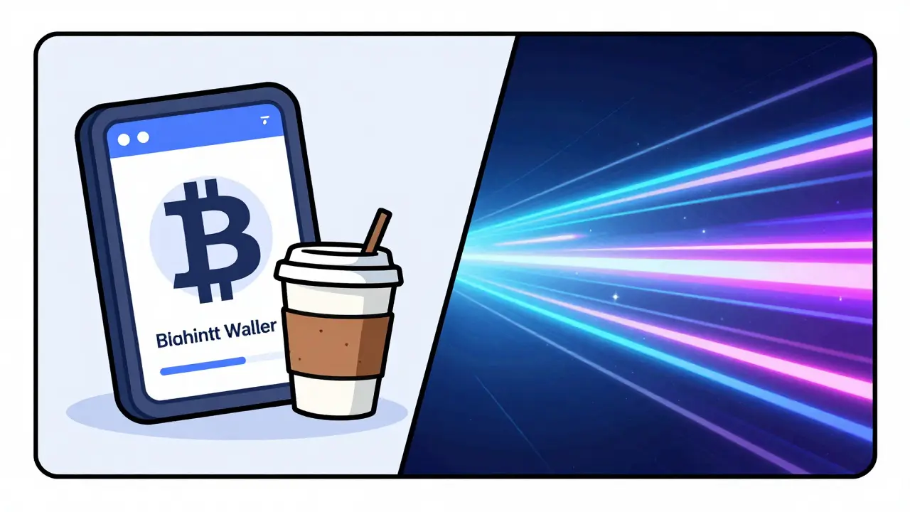 Comparison between a Bitcoin Lightning wallet and the high-speed Solana blockchain.