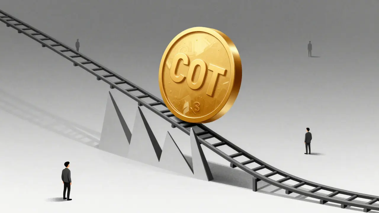 Conceptual illustration of a COT token on a plummeting rollercoaster in an empty market.