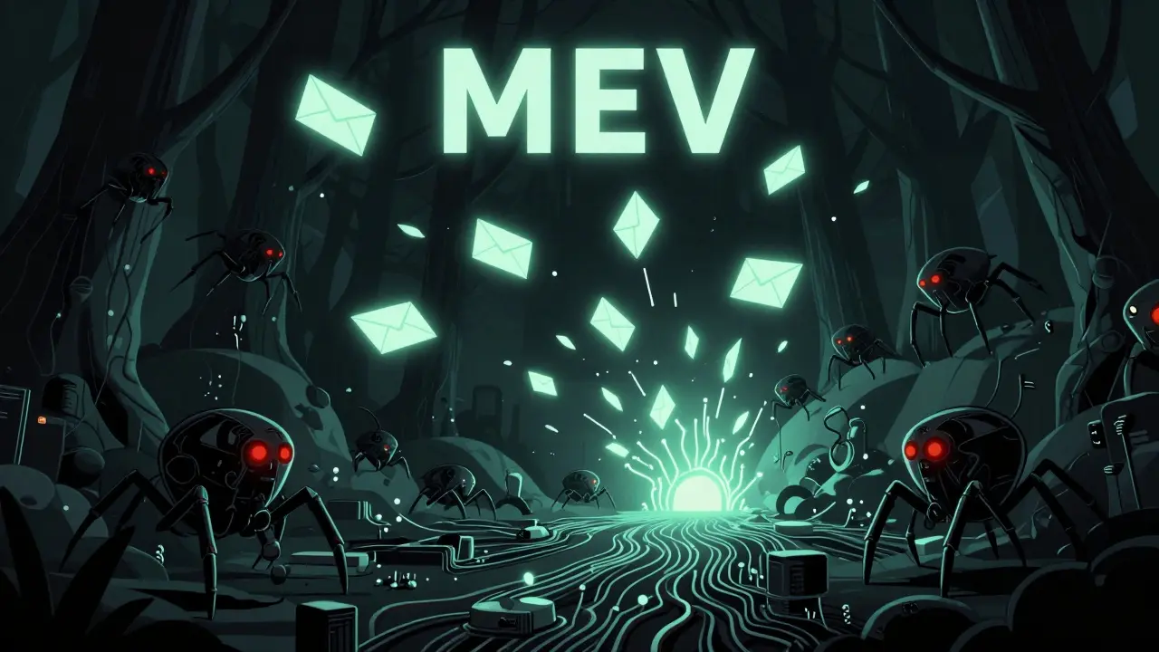 Conceptual illustration of mechanical bots rearranging glowing transaction packets in a dark digital forest.