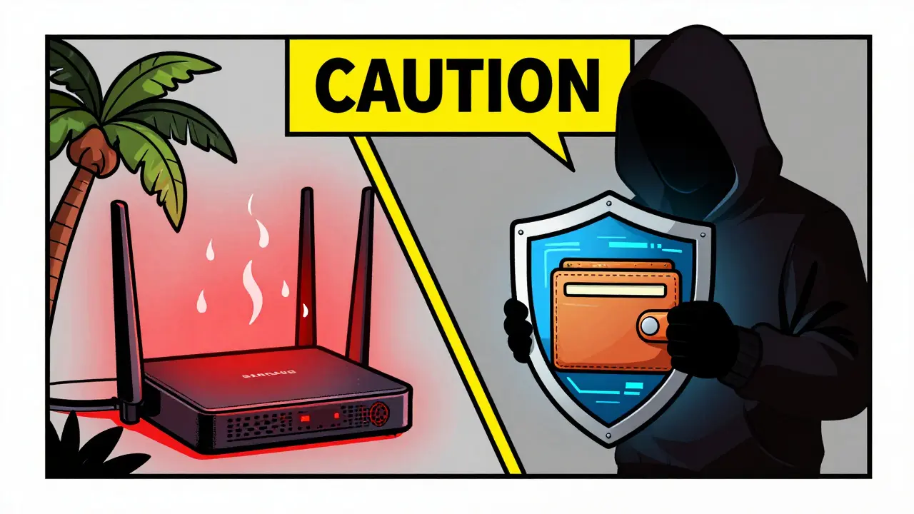 Conceptual illustration showing an overheating router and a digital shield protecting a crypto wallet.