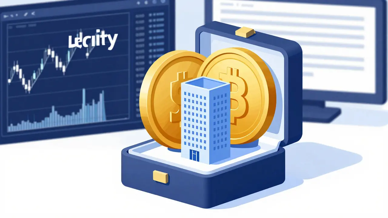 Digital coin revealing a miniature building inside, representing tokenized real-world assets.