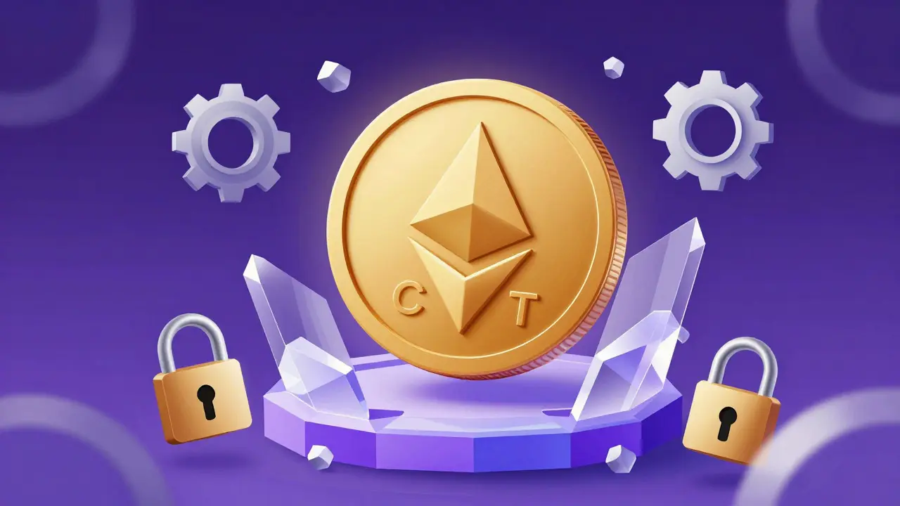 Editorial illustration of a COT token integrated into a crystalline Ethereum blockchain structure.