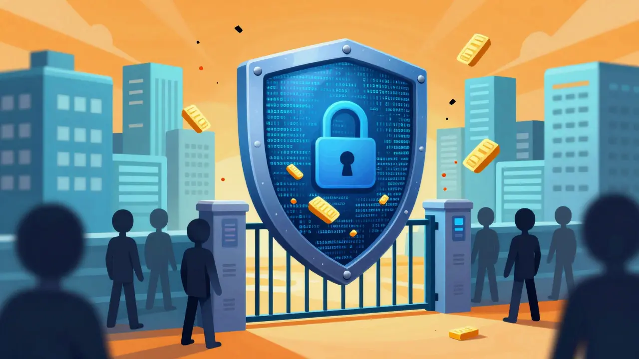 Firewall shield blocking threats while allowing safe data through gate