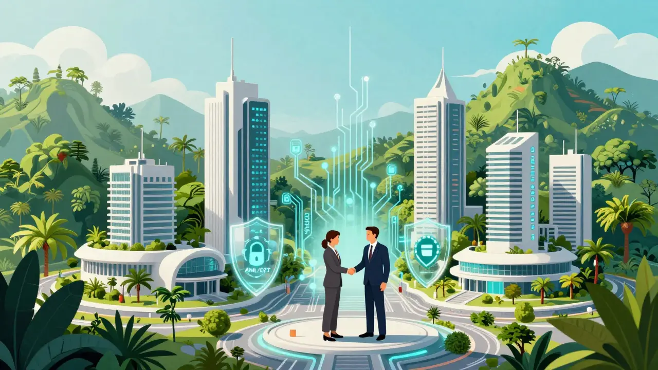 Futuristic illustration of a compliant crypto hub blending technology with nature in Costa Rica