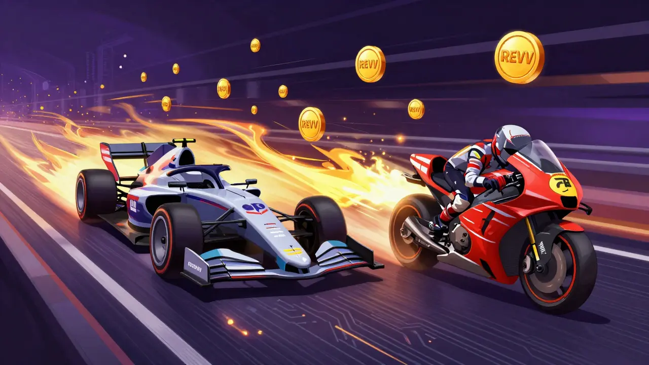 Futuristic racing car and motorbike speeding on a digital track with REVV tokens