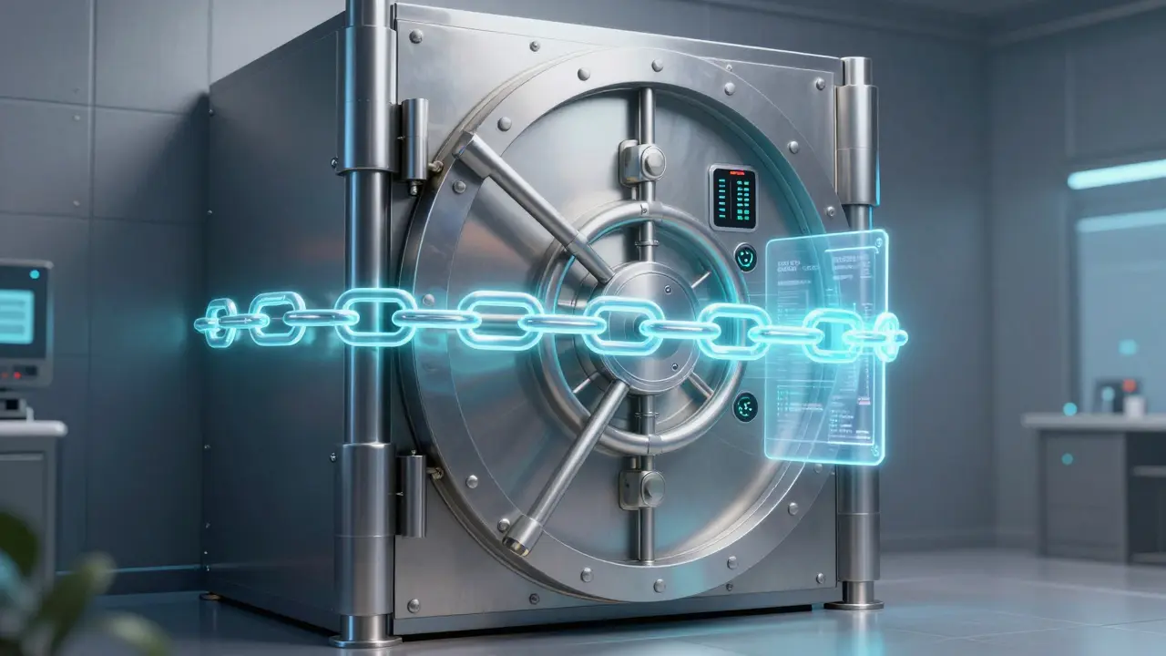 High-tech secure vault with a holographic chain, symbolizing compliant digital asset custody.