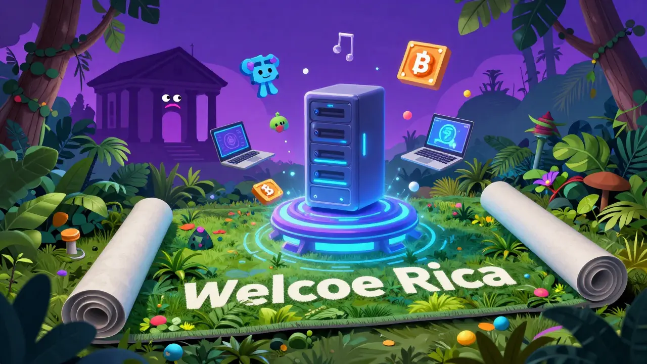 Illustration of a futuristic crypto hub integrated into a lush Costa Rican jungle.