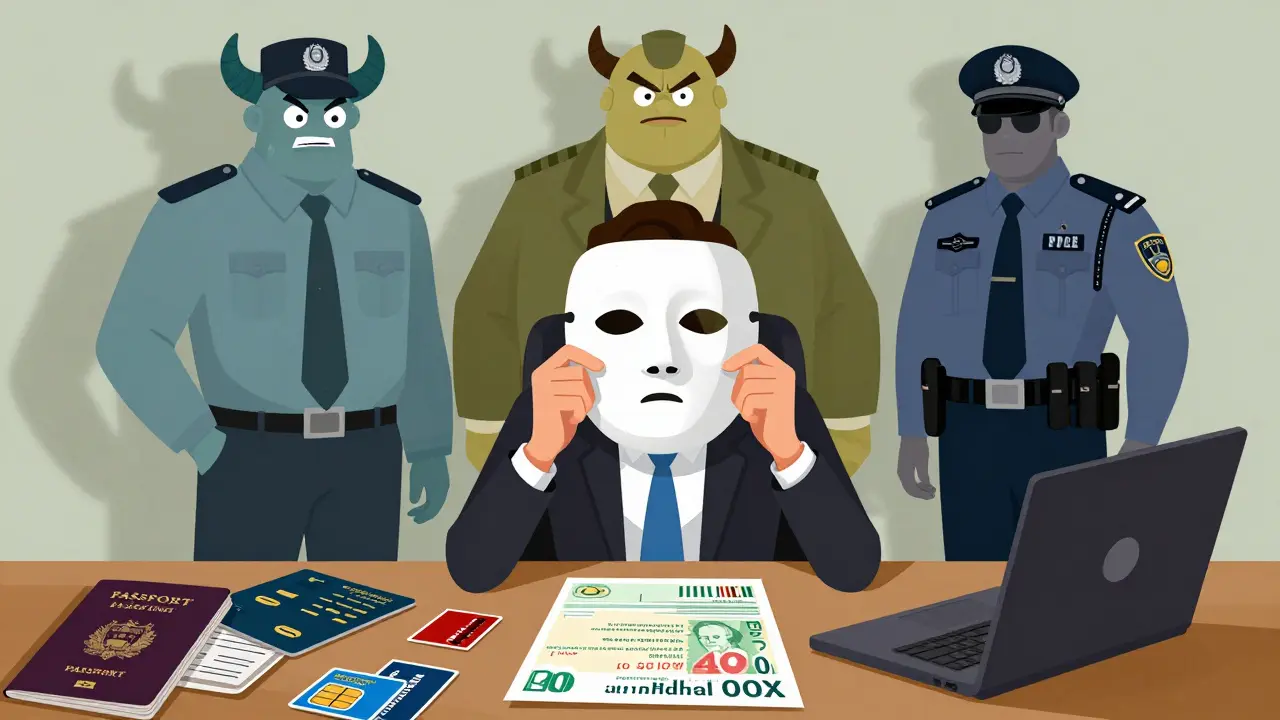 Illustration of a trader using fake identity documents while looming bureaucratic figures watch.