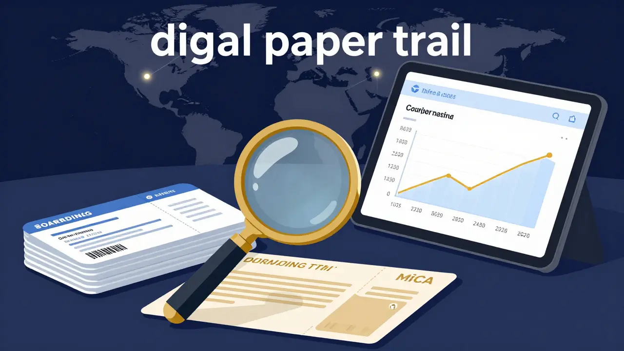 Magnifying glass examining travel documents and crypto records on a professional desk.