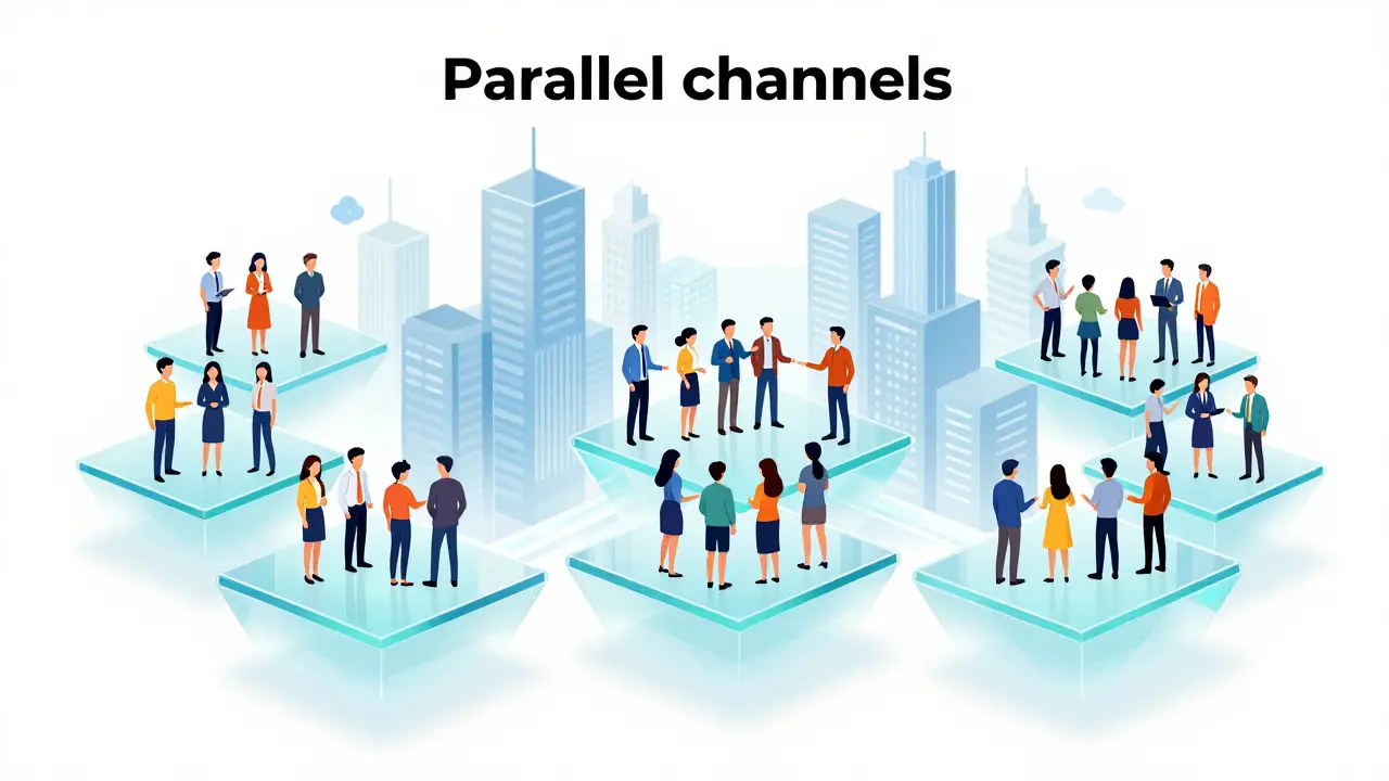 Multiple parallel layers of a virtual city showing different groups of avatars in a metaverse system.