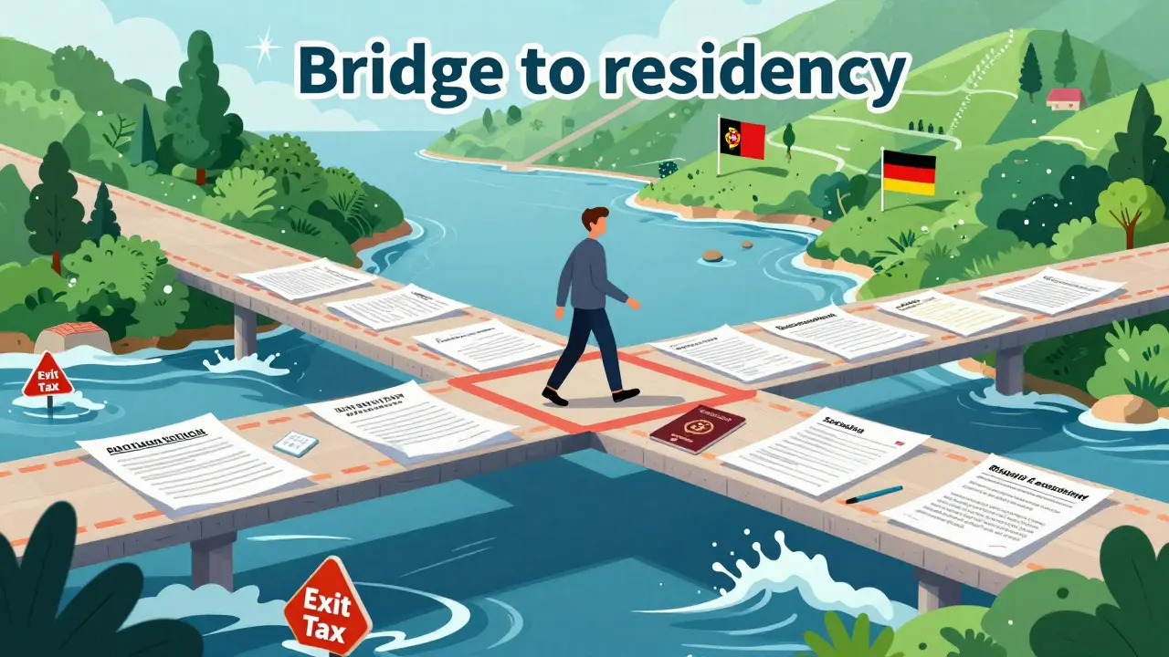 Person crossing a bridge of legal documents toward a green Mediterranean landscape.