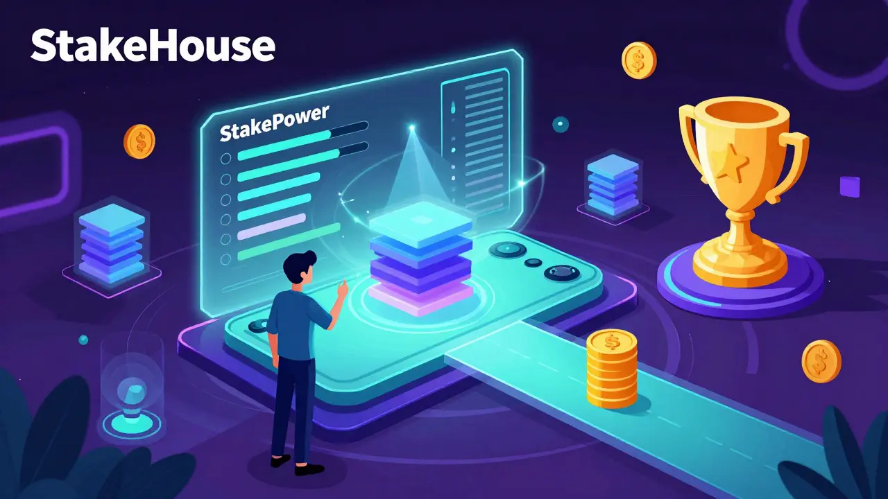 Person interacting with a futuristic gaming and staking holographic interface.