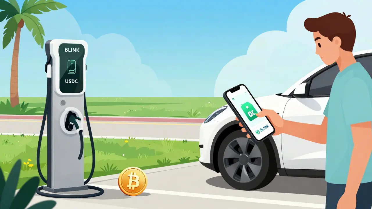 Person paying for an EV charge with USDC at a modern charging station.