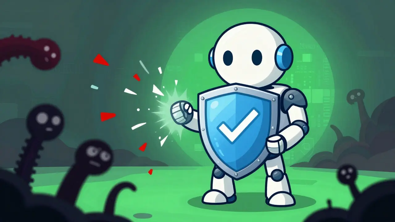 Robotic guardian protecting a digital wallet from shadowy scam attempts