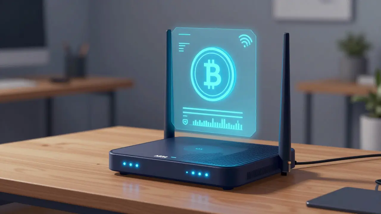 Stylized Wi-Fi router with a holographic coin and signal meter floating above it.