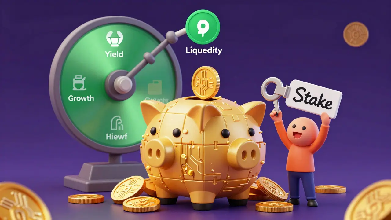 A digital piggy bank overflowing with crypto coins, illustrating staking rewards and yield.