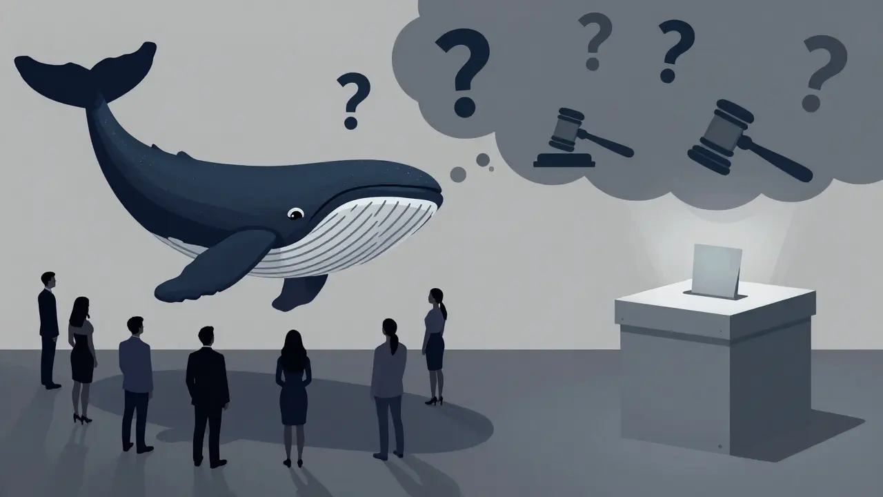 A large whale dominating a vote while others abstain, showing governance risks like plutocracy.