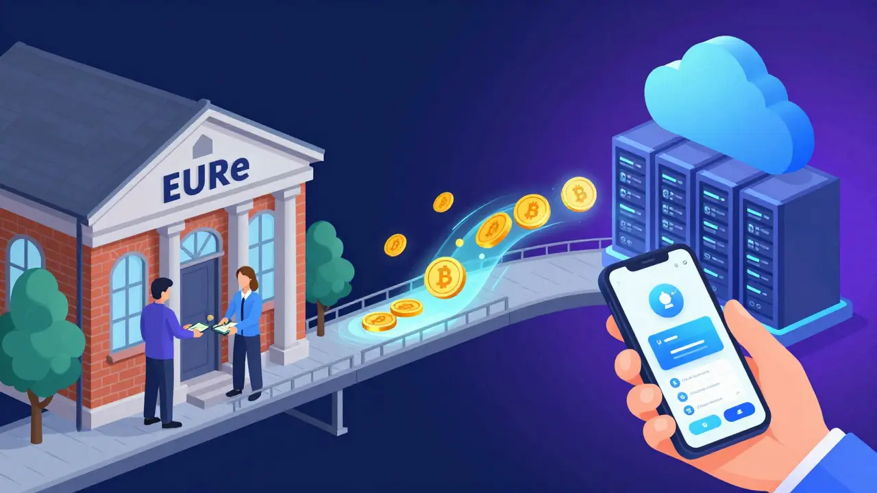 Bridge connecting a bank to a crypto wallet with flowing coins