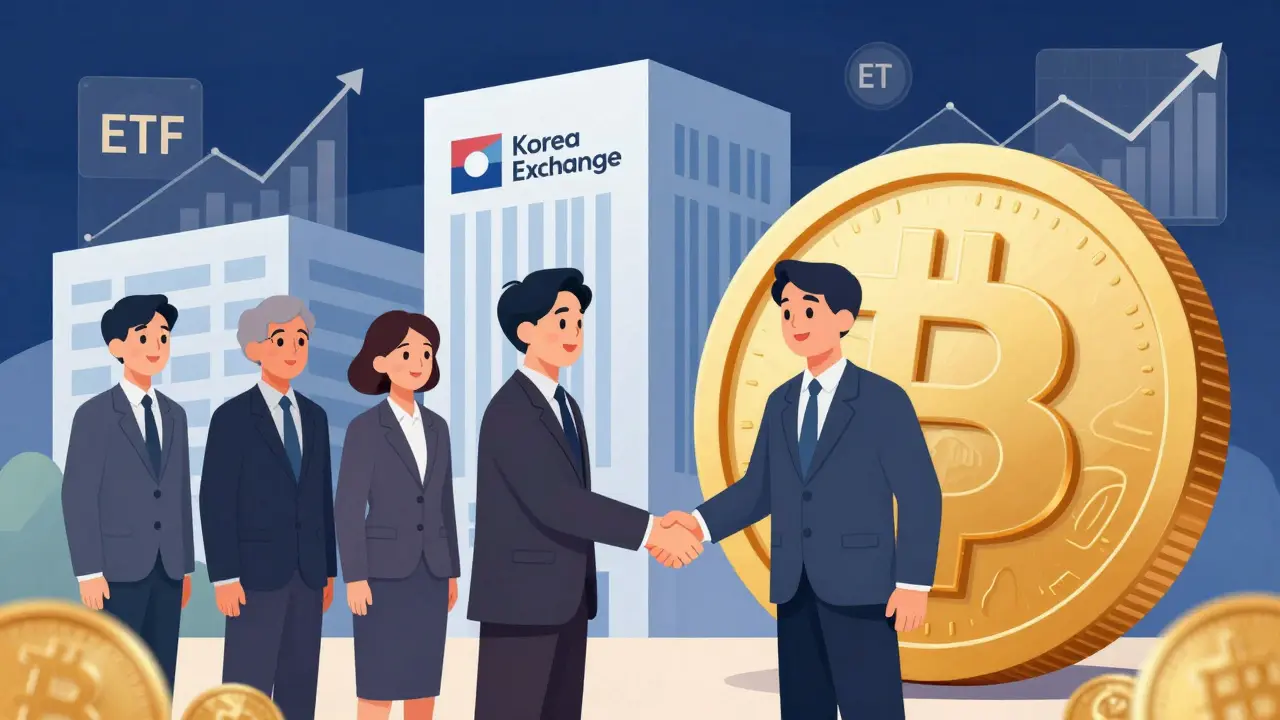 Business figures shaking hands with a personified coin near a stock exchange building