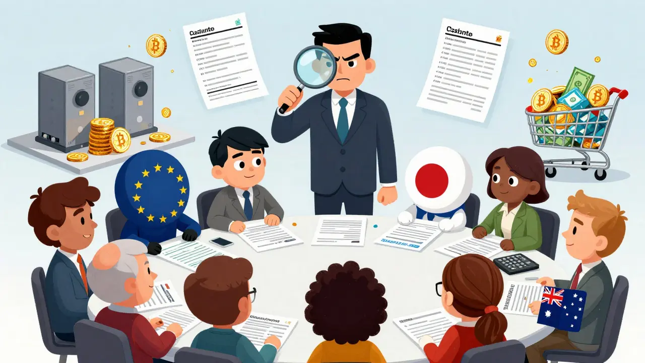 Cartoon depicting global crypto users dealing with taxes and compliance.