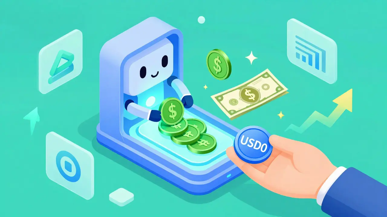 Cartoon diagram showing USDC converting to T-Bills within a smart contract to mint USD0.