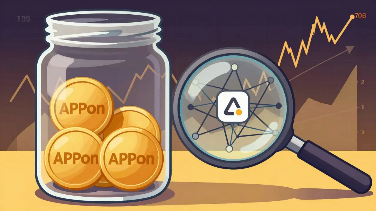 Cartoon of few heavy APPon coins in a jar, symbolizing low supply and high value.