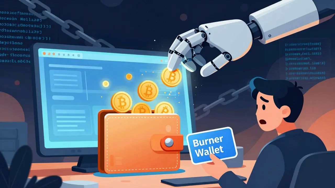 Cartoon robot draining a crypto wallet illustrating scam risks