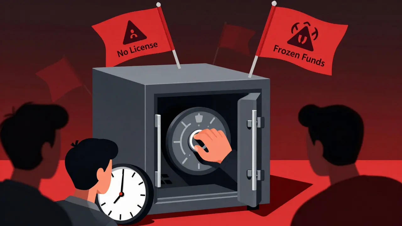 Cartoon showing a safe with red warning flags and a stopped clock symbolizing frozen funds