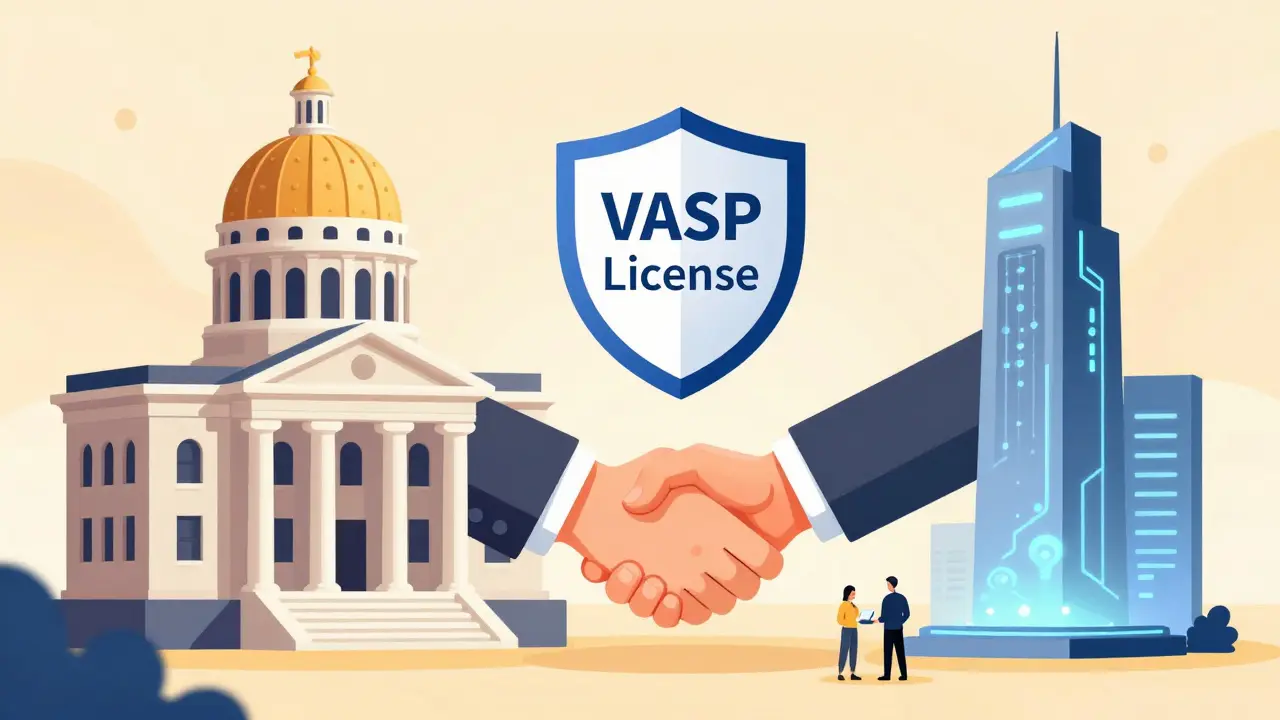 Cartoon showing a secure handshake between a bank and a licensed crypto exchange under a shield.