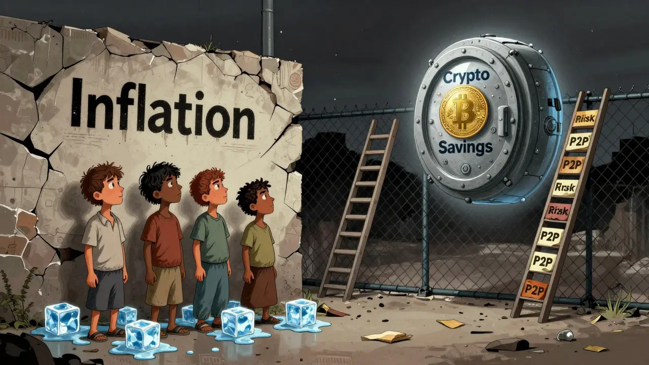 Cartoon showing inflation forcing Egyptians to risk crypto for savings