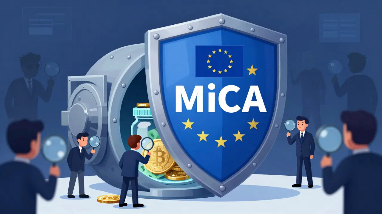Cartoon showing MiCA regulation shield protecting transparent euro stablecoin reserves.
