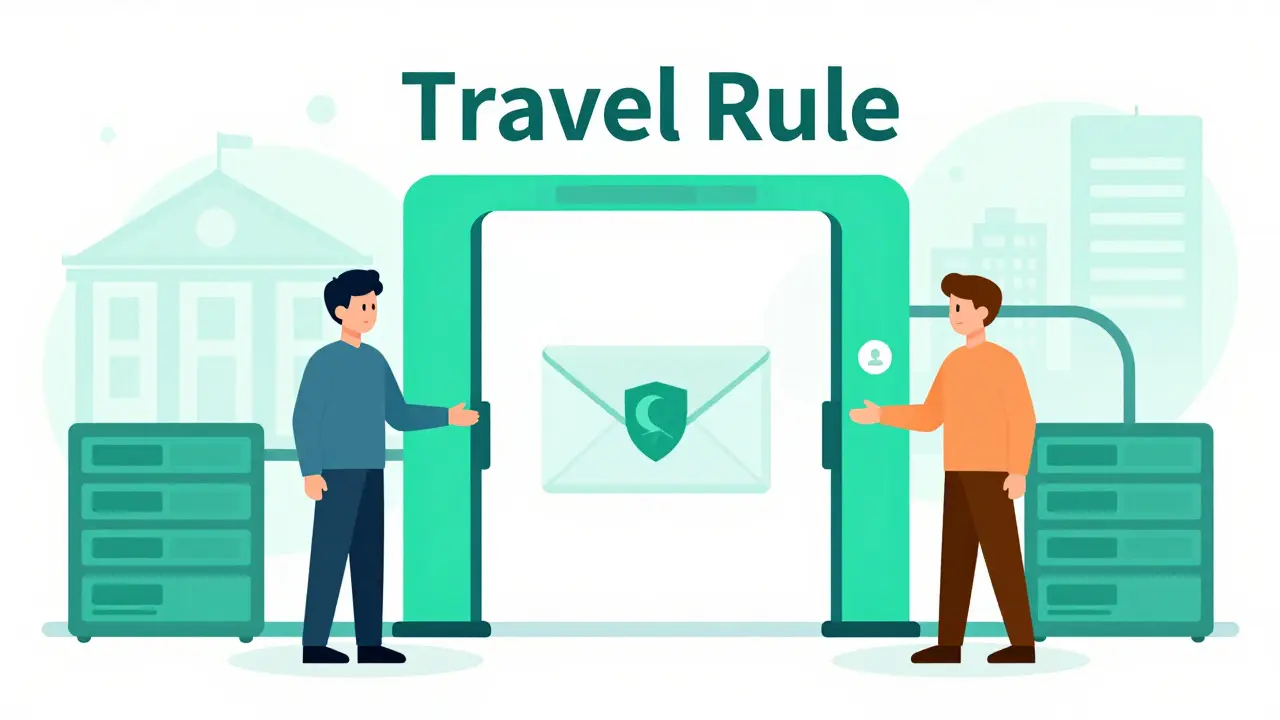 Cartoon showing secure digital identity transfer between users via a safety checkpoint gate