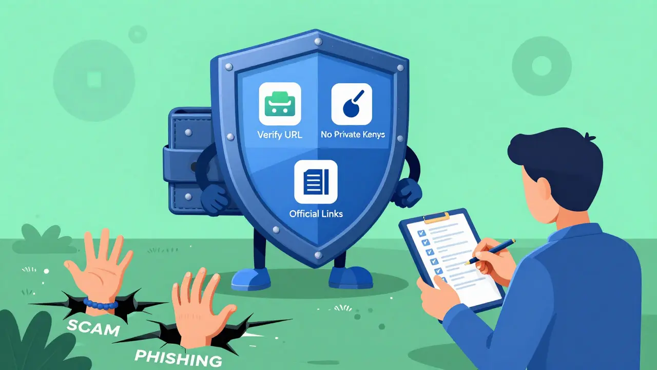 Cartoon showing secure wallet protection against crypto scams and fake sites.
