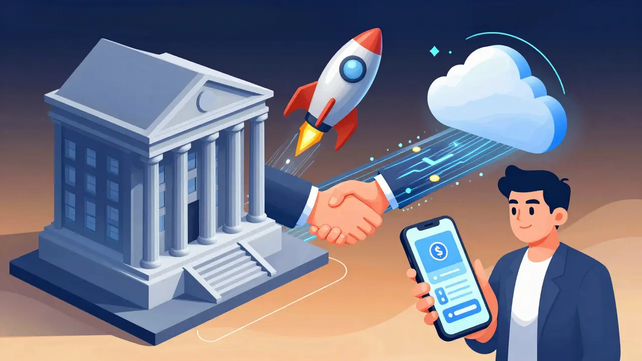 Cartoon showing traditional banks partnering with fintech startups for digital finance.