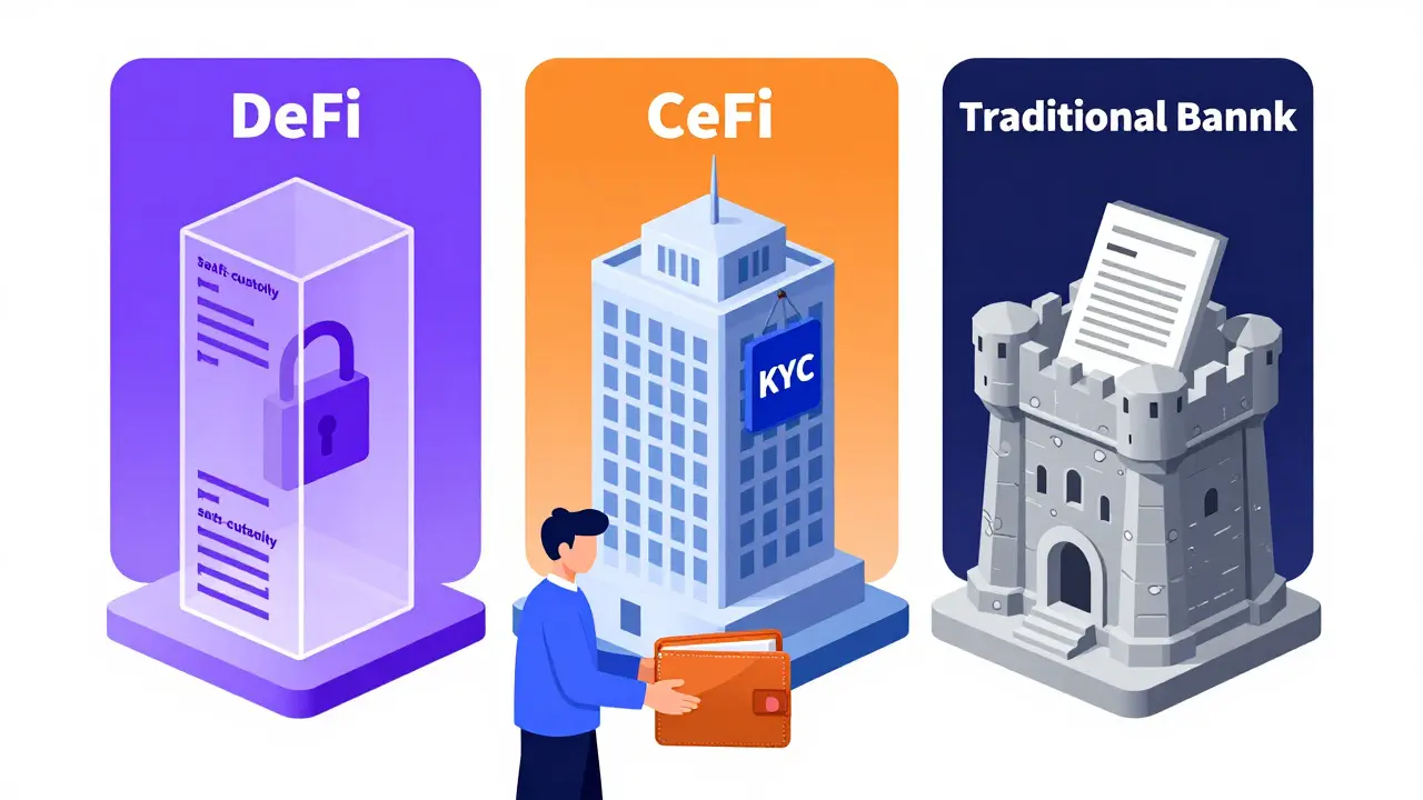 Comparison of DeFi, CeFi, and traditional bank lending models.
