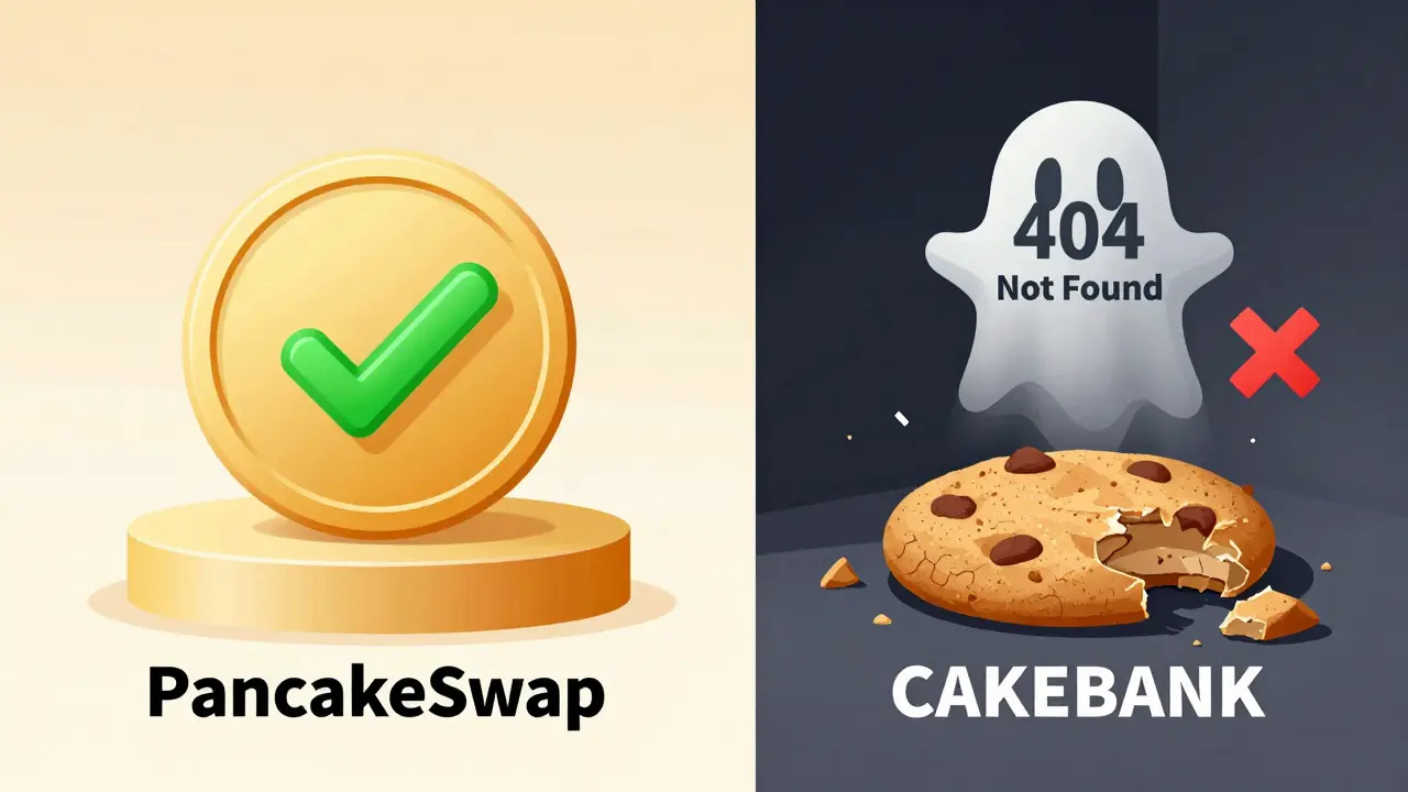 Comparison of legitimate PancakeSwap token versus suspicious CAKEBANK token