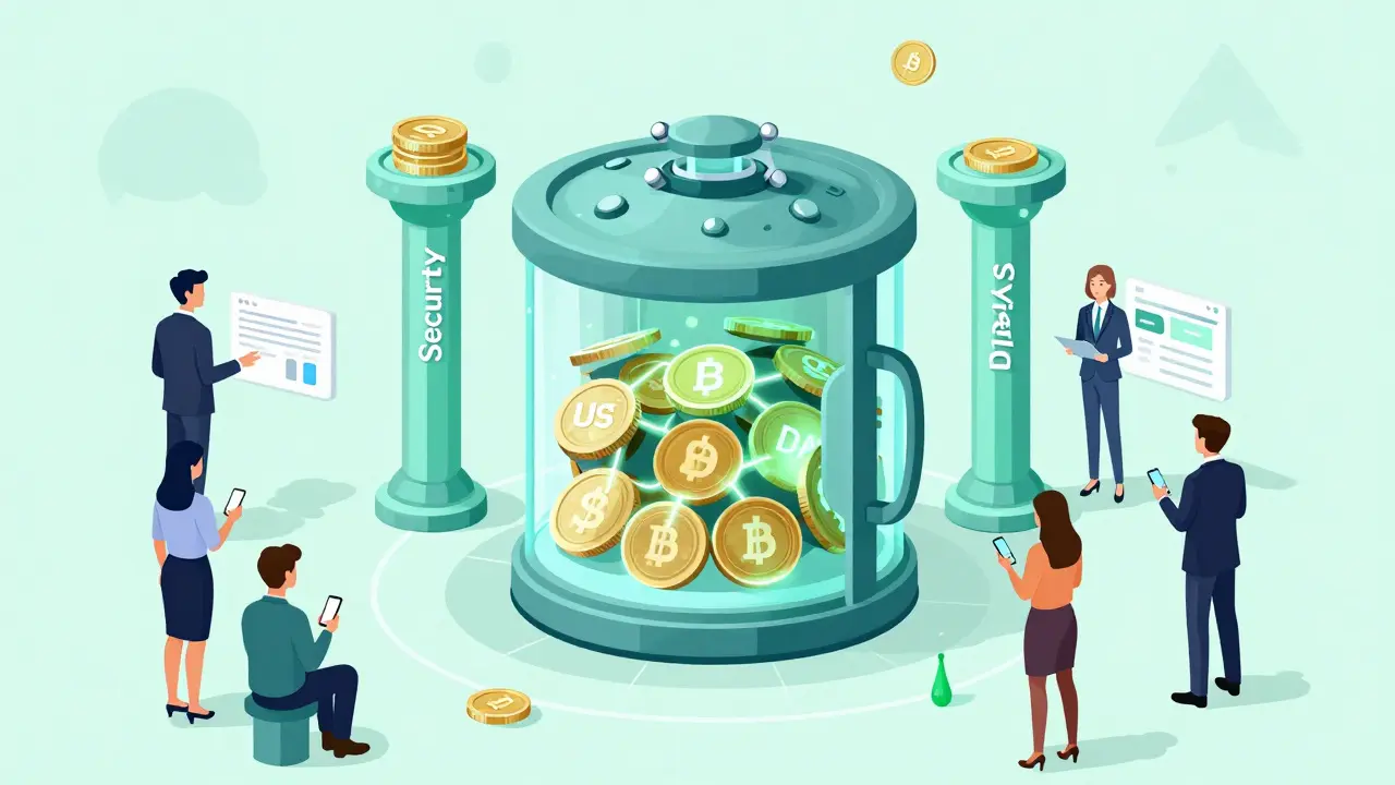 Conceptual art of DeFi vaults, stablecoins, and user trust mechanisms