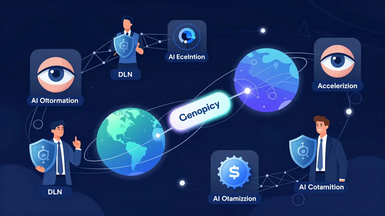 Diagram showing deBridge's decentralized liquidity network with market makers and validators.