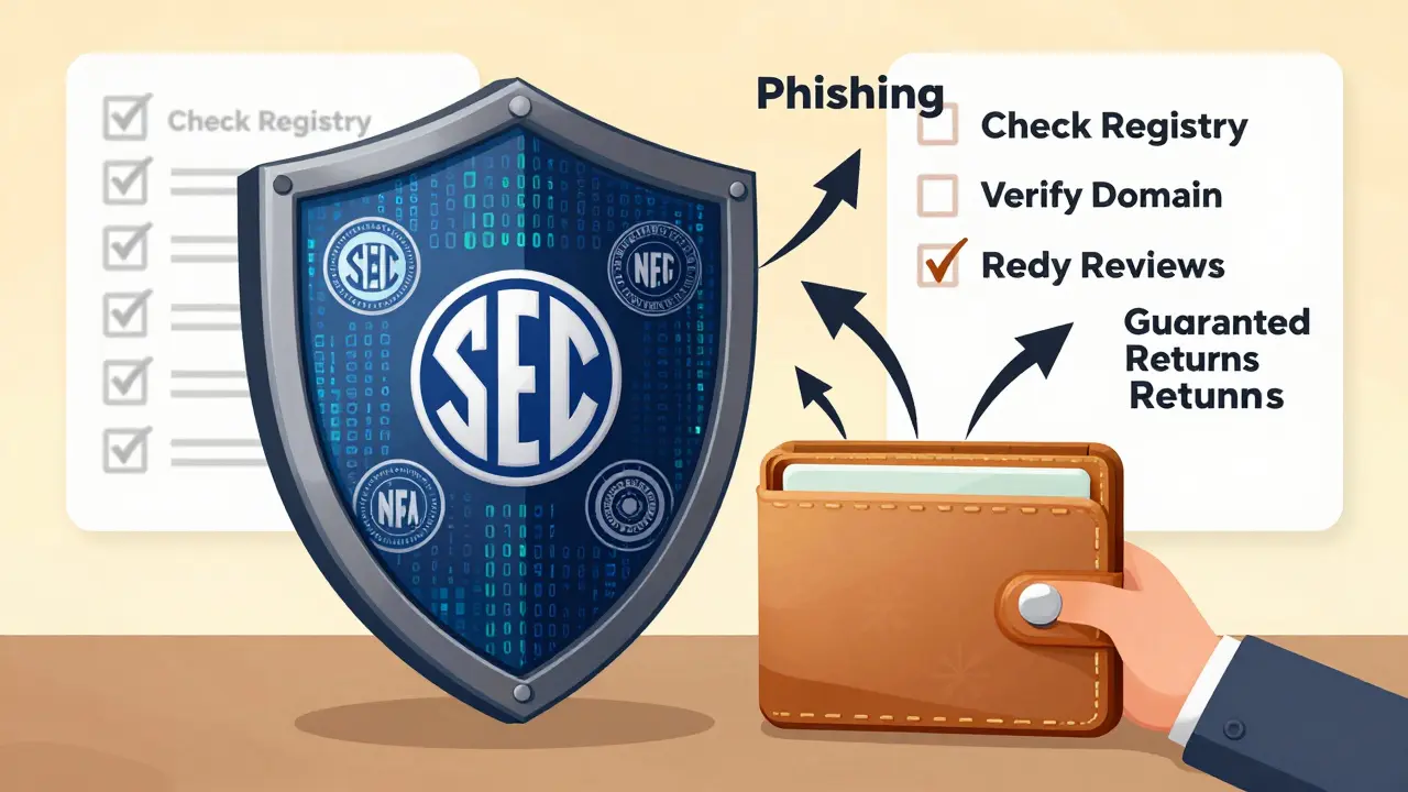 Digital shield protecting a wallet from phishing attacks and fake fee warnings.