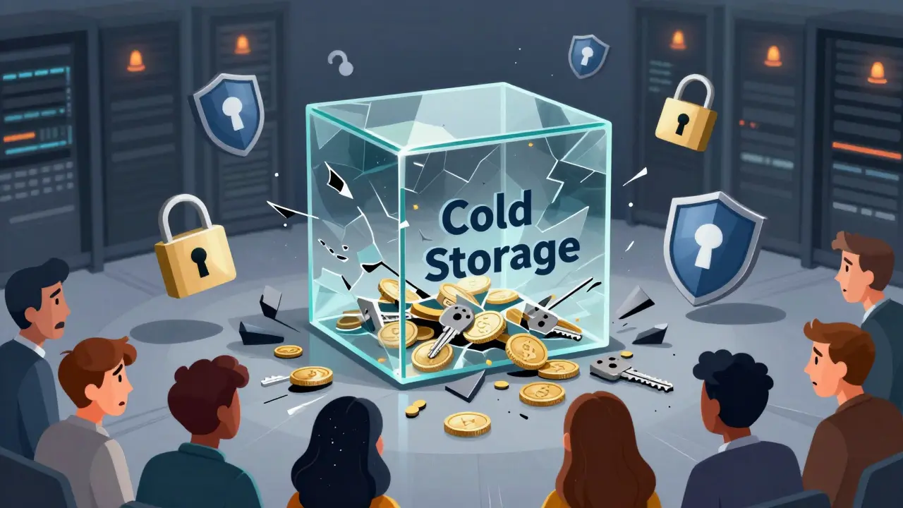 Editorial art showing broken cold storage wallet and crypto loss