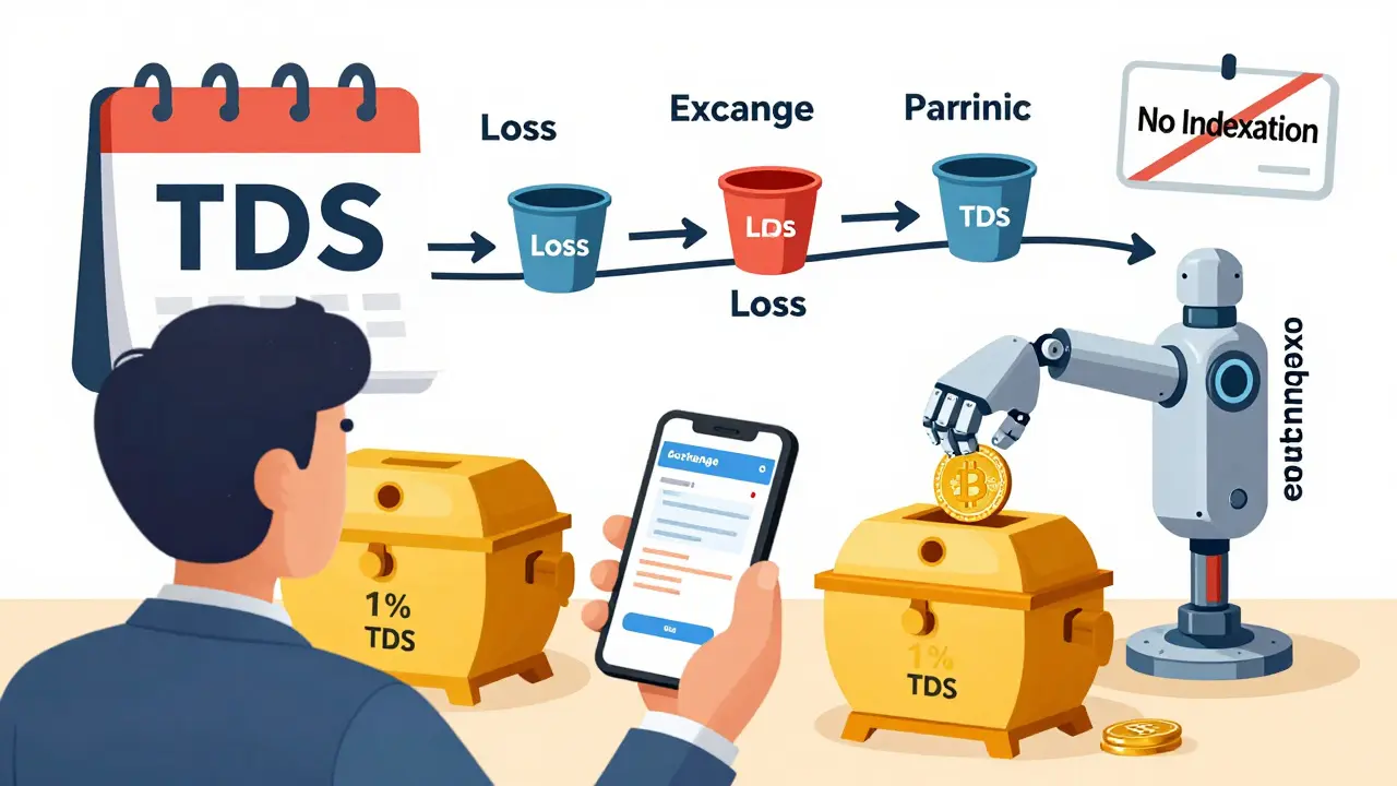 Editorial cartoon showing TDS deduction and loss carry-forward mechanisms.